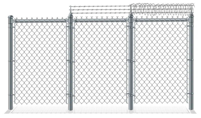 Chain link fence security options comparing  no barbed wire against barbed wire and razor ribbon