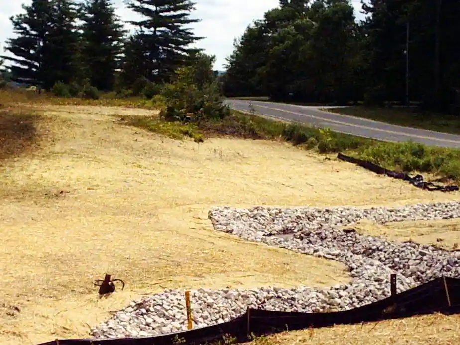 Crew performing streambank stabilization and restoration along an eroded bank
