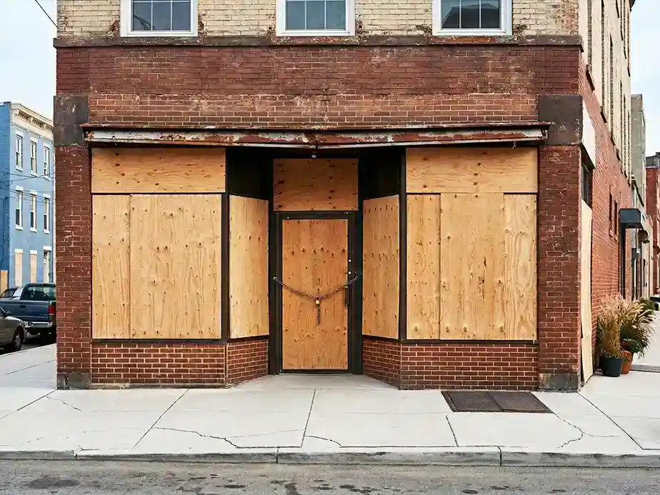Boarded up commercial building secured against damage